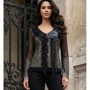 Identity Club Mesh Leopard Print Ruffle V-Neck Floral Applique Blouse Black